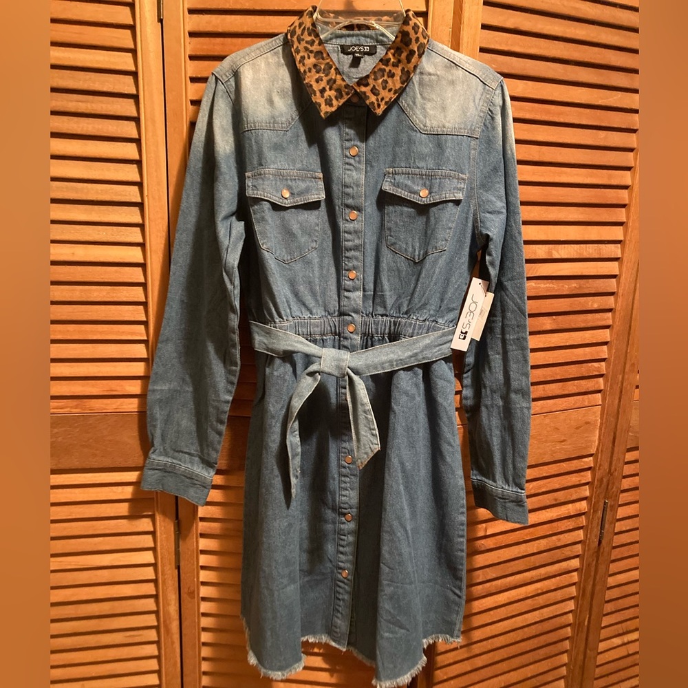 Joe’s Distressed Denim Indigo Jean Dress with Animal Print Velour Collar